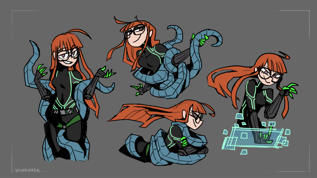 the image showcases four dynamic poses of a female character with red hair and glasses. she's wearing a black and green bodysuit, hinting at a futuristic or cyberpunk aesthetic.  notably, she possesses large, segmented, bluegrey tentacles that appear to be cybernetic enhancements. these tentacles are shown in various states of movement and interaction, suggesting agility and a potential connection to her abilities.