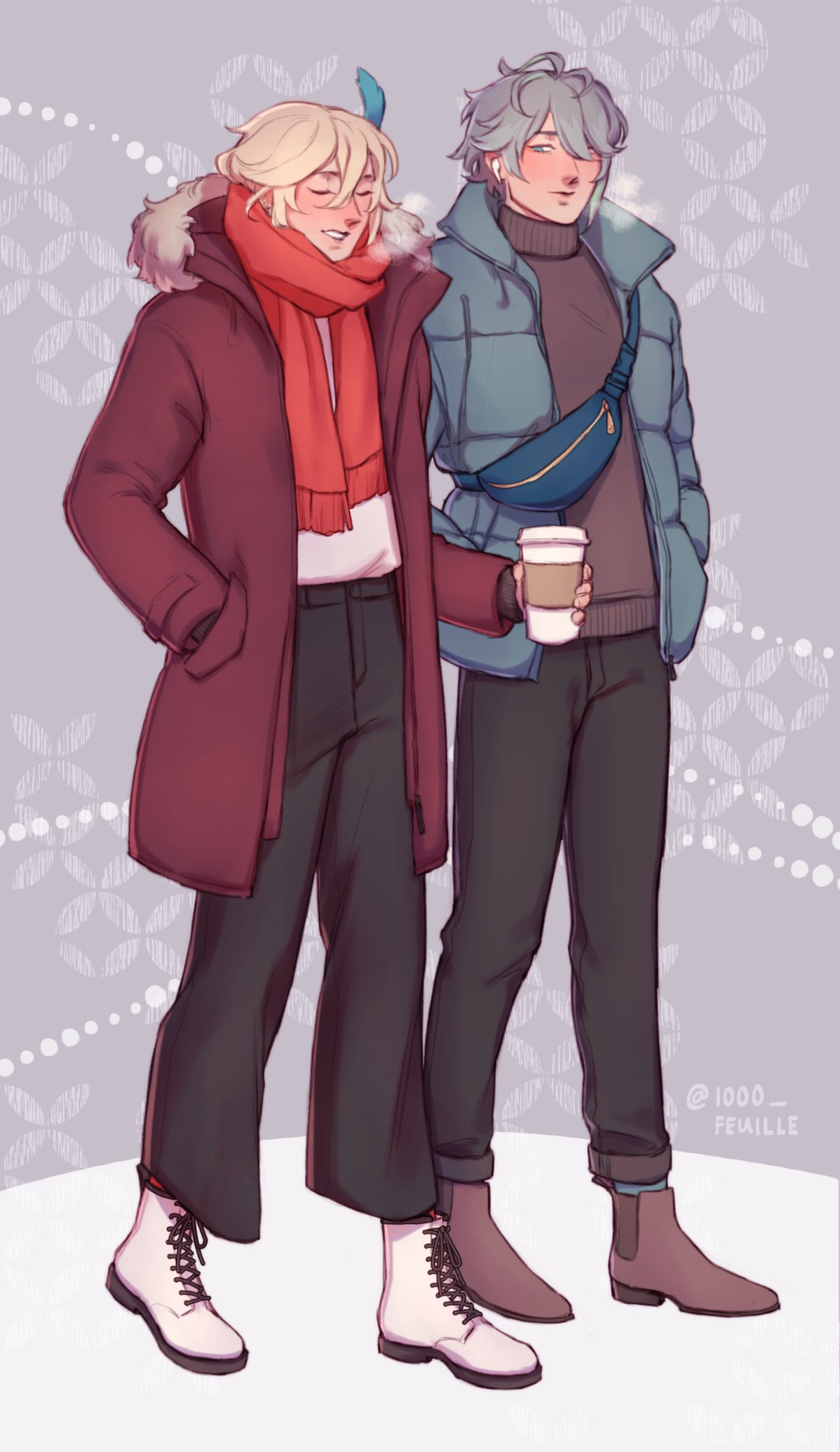 an illustration of two men in winter clothing standing together with a grey background. they are both wearing coats and scarves, and one is holding a cup of coffee. the two men are looking off into the distance while standing on a snowy background with snowflake patterns. the man on the left is wearing a red coat and a red scarf with a white shirt underneath. he is wearing dark pants with white boots. the man on the right is wearing a blue jacket with a black turtleneck underneath. he is also wearing black pants and brown boots. the man on the right is holding a cup of coffee with his right hand.  both men are looking slightly down to their left.  a blue and white bag strap is visible at the top of the man on the right’s hip, and a light blue color can be seen peeking out underneath the man on the right’s jacket.  the word "feuille" appears on the right side of the image, written in white and purple.  the numbers "1000" appear in smaller purple print above "feuille."