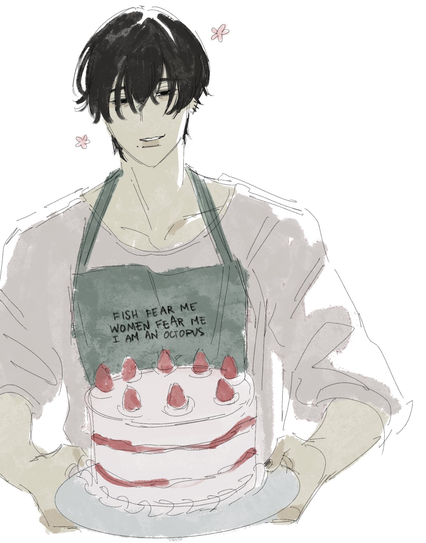 a blackhaired male character with a faint smile holds a strawberry cake. he's wearing a lightcolored shirt and a green apron that says "fish fear me, women fear me, i am an octopus". the style of the drawing is loose and sketchlike with muted colors. there are small pink flowers around his head.