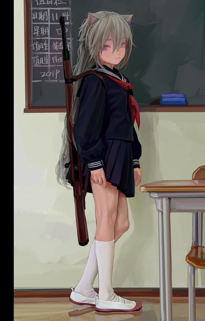 an anime girl with cat ears and grey hair stands in a classroom wearing a school uniform with a rifle slung over her shoulder. she has pink eyes and wears white socks and school shoes. behind her is a chalkboard with writing on it, and a desk is visible to her right.