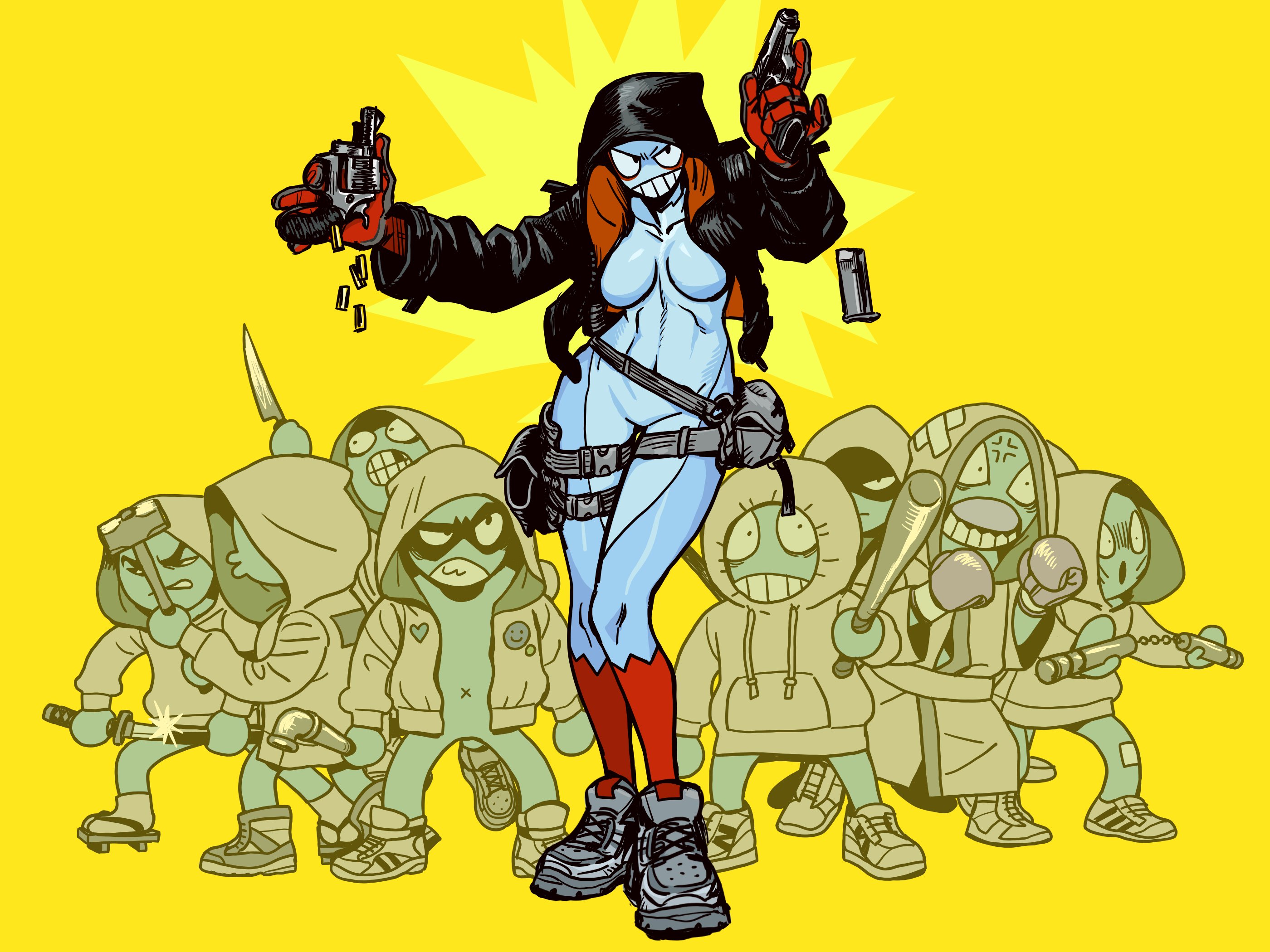 this illustration from a comic book shows a female superhero standing in front of a gang of criminals. she is holding a gun in her right hand and her left hand is down by her side. she is wearing a black leather jacket and a blue jumpsuit. the gang is comprised of  four men and one woman. they are holding a variety of weapons, including a baseball bat, a gun, and a knife. they all have a menacing expression on their faces. the background is a bright yellow, and the art style is vibrant and dynamic. the image suggests that a fight is about to break out.