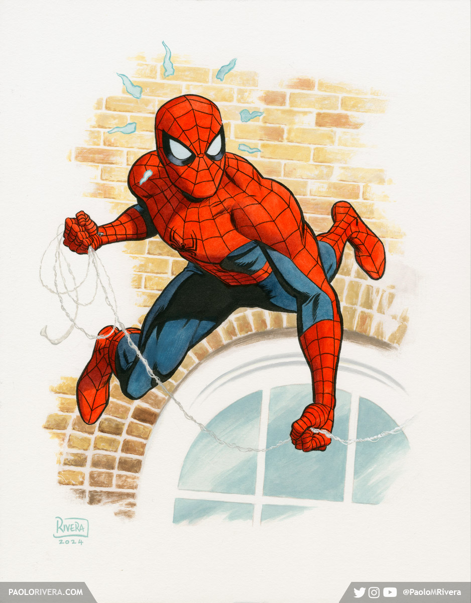 a vibrant illustration of spiderman swinging through a city. he is depicted in midair, his red and blue suit flowing dynamically as he uses his web to propel himself forward. the background features a brick building with a window, highlighting the urban environment. this artwork captures the essence of spiderman's iconic heroics and conveys a sense of excitement and energy.