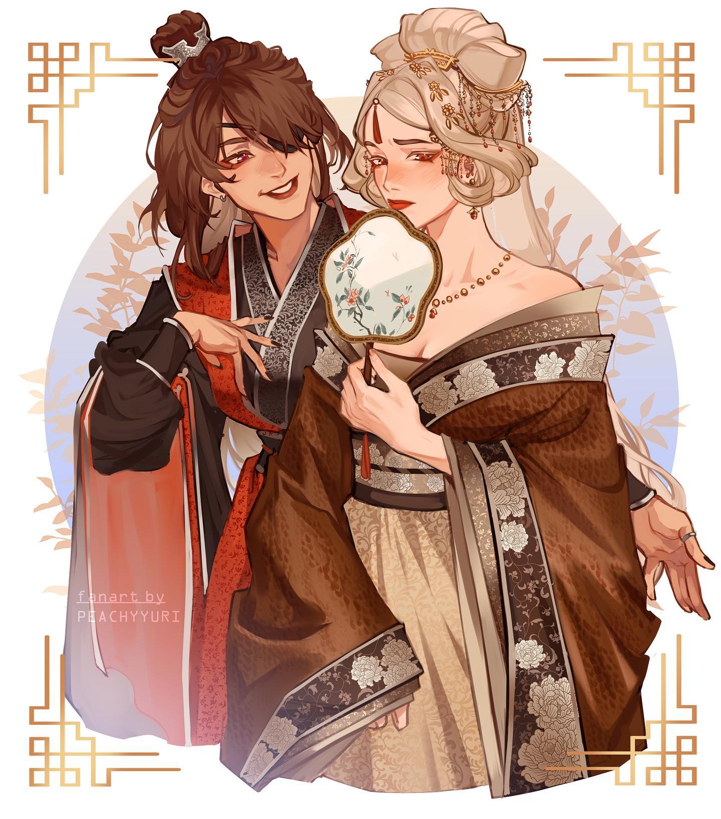 the image is a digital fanart depicting two elegantly dressed young women, styled in the fashion of traditional chinese hanfu.  they are standing close together, one slightly behind the other. the woman in the foreground is wearing a rich brown hanfu with intricate gold embroidery, and a complex hairstyle adorned with gold accents.  she holds a delicately painted hand fan.  the woman behind her wears a more reddishbrown hanfu with black detailing, her hair is tied up in a more simple yet elegant style, and she's playfully touching the other woman's arm. both women possess delicate facial features and expressive eyes. the background features a muted pastel blue with stylized floral elements and a geometric frame in a gold color. the overall style is romantic, serene, and highly detailed, suggestive of a close friendship or intimate relationship between the two figures.  the artist's signature, "peachyyuri," is subtly placed in the bottom left.