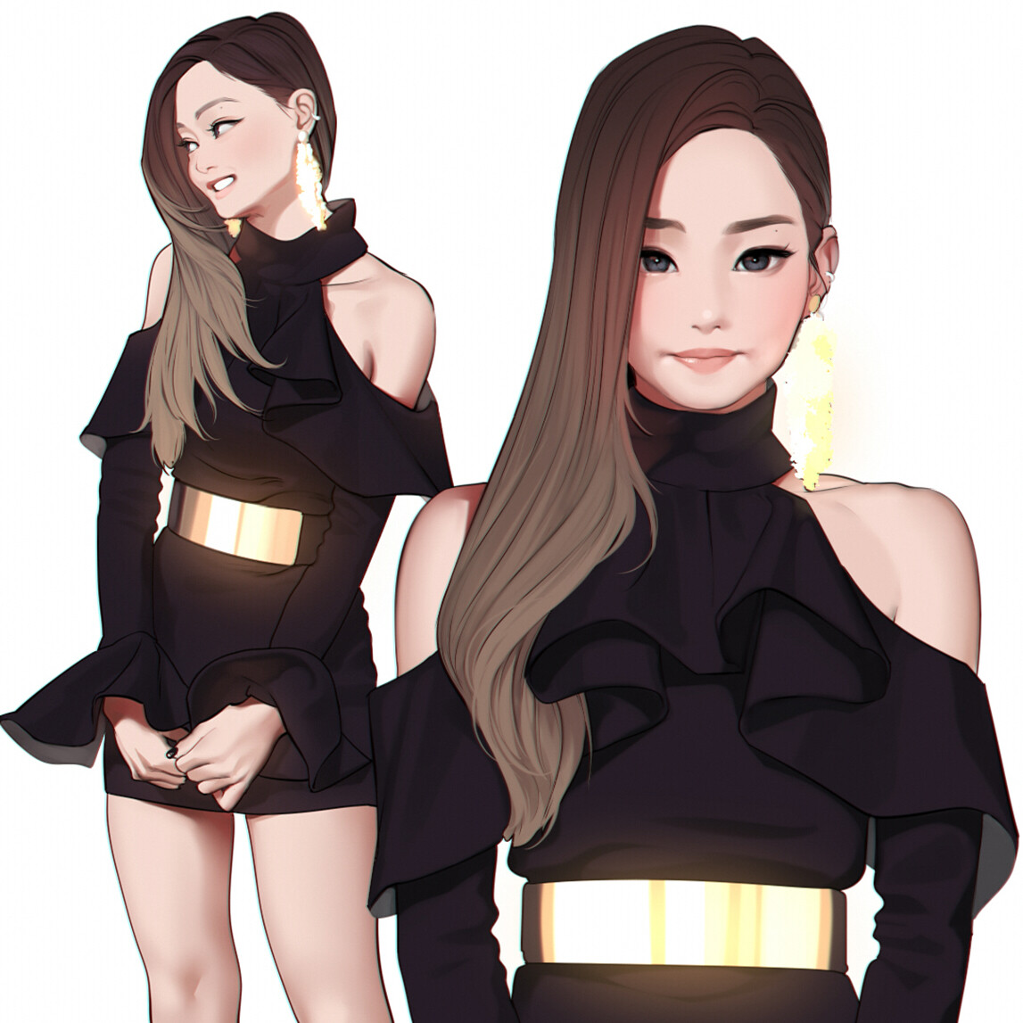 an illustration of jennie from the kpop group blackpink. she is wearing a black dress with gold accents, and her hair is styled in a long, straight style with blonde highlights. the lighting is soft and flattering, and the overall effect is one of elegance and sophistication.