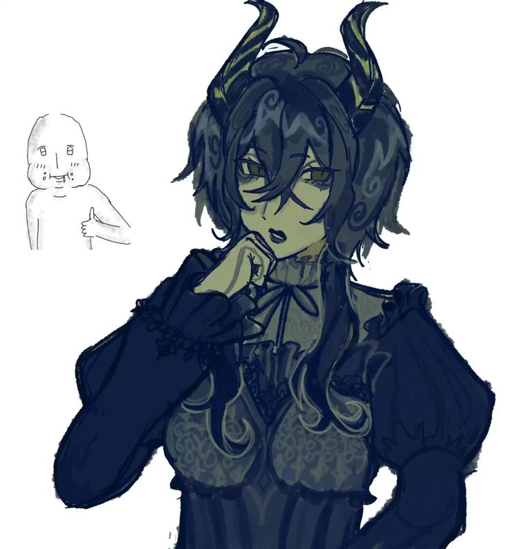he image is a digital drawing of an animestyle girl with dark hair and horns. she is wearing a dark gothic lolitastyle dress with lace detailing. the girl is shown from the chest up, and her expression is thoughtful.  in the upper left corner, there is a simple sketch of a person giving a thumbsup.  the overall style is dark and somewhat moody. the coloring is mostly shades of blue and purple, with accents of green in the horns.