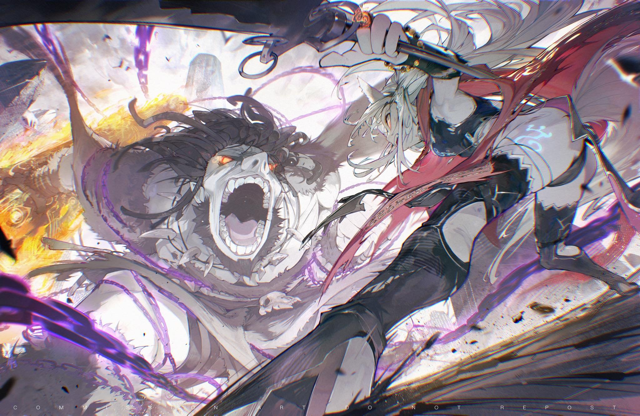 the image depicts a fierce battle between two figures. on the left, a monstrous being with wild, dark hair and glowing orange eyes roars in fury. its body is partially obscured by swirling purple energy. on the right, a warrior with flowing white hair and a determined expression leaps into action. they wield a sword, preparing to strike. the background is an abstract explosion of motion and color, rendered in a dynamic and energetic style.