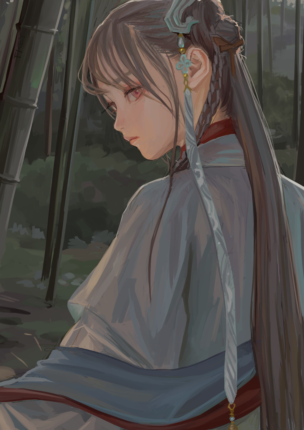 a digital illustration of a young woman with long, dark hair and red eyes, standing amongst bamboo. she is wearing traditional clothing and has a braid with a hair ornament. the artwork is in a soft, painterly style.