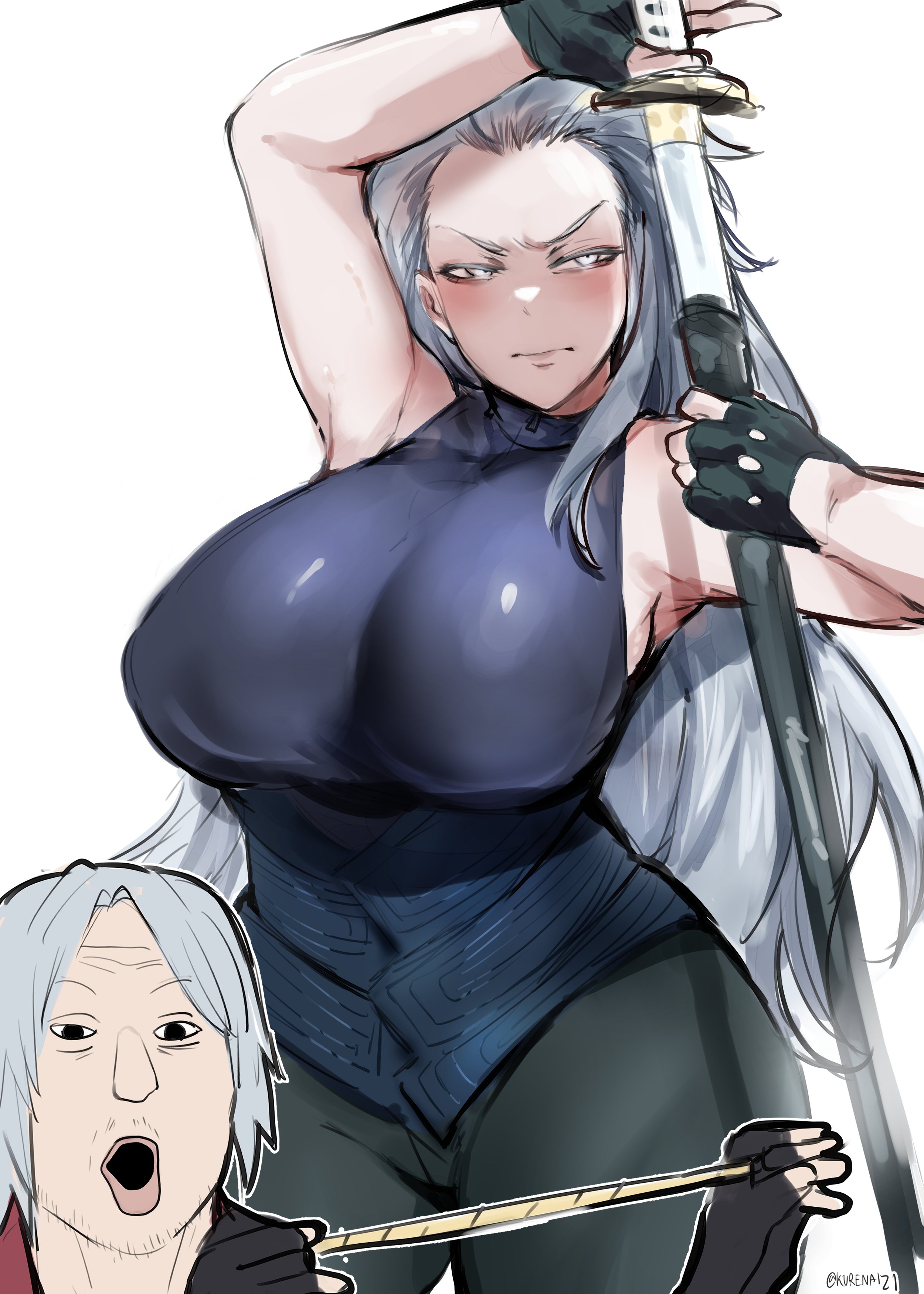 this is a digital illustration of an anime woman with white hair, she's in a blue and black outfit, holding a katana with a serious expression on her face.