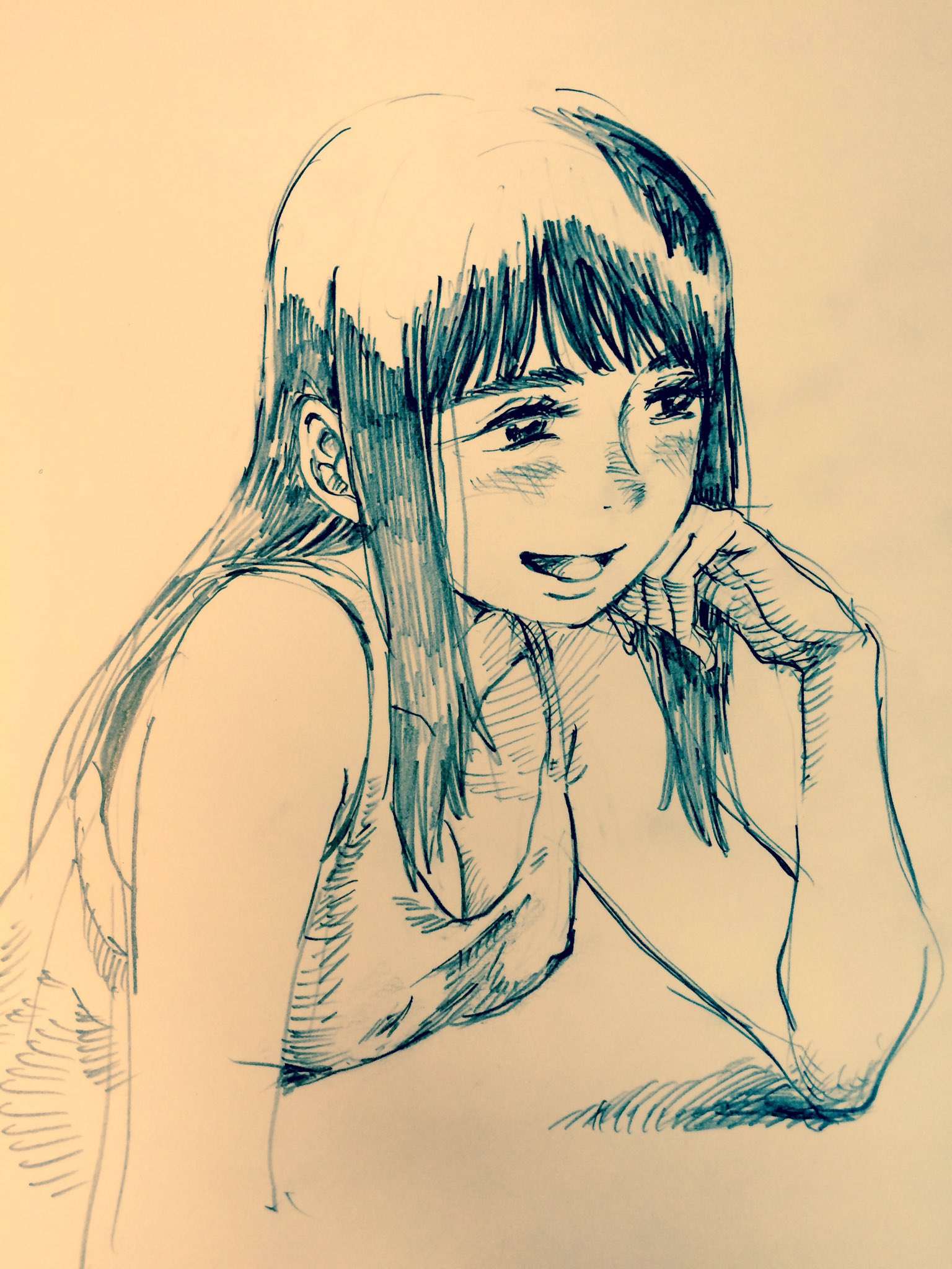 the image is a pen and ink sketch of a young woman with long dark hair and a happy expression on her face. the drawing style is loose and expressive, and the woman's smile is contagious.  she is resting her chin in her hand.