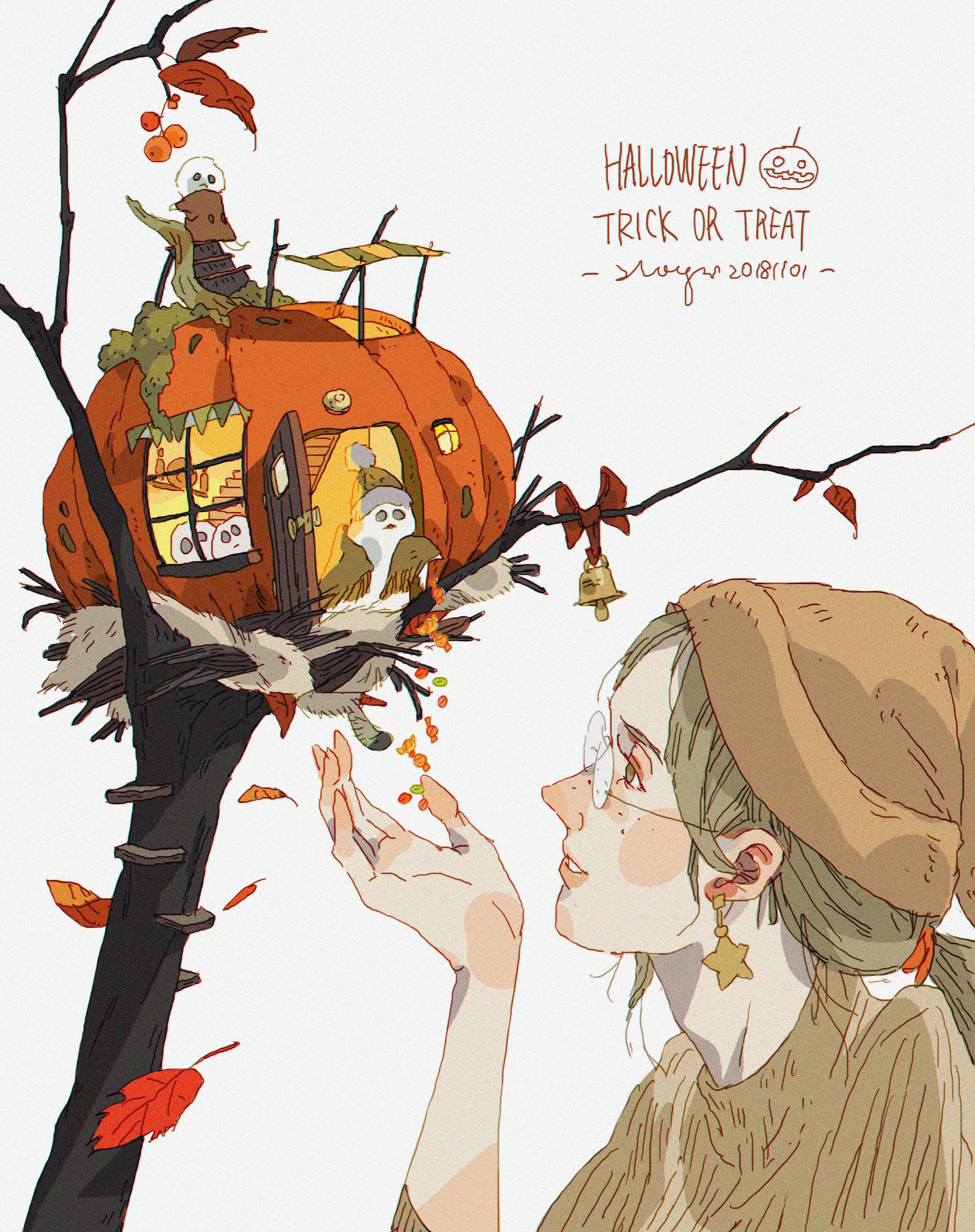 an illustration of a whimsical halloween scene. a girl with a hat and glasses stands beneath a tree with a pumpkin house. the house is decorated with fall leaves and has a small window with a cat peeking out. the girl's hand is outstretched, as if to catch the candy falling from the tree. the illustration is filled with cute details and has a magical and spooky atmosphere.