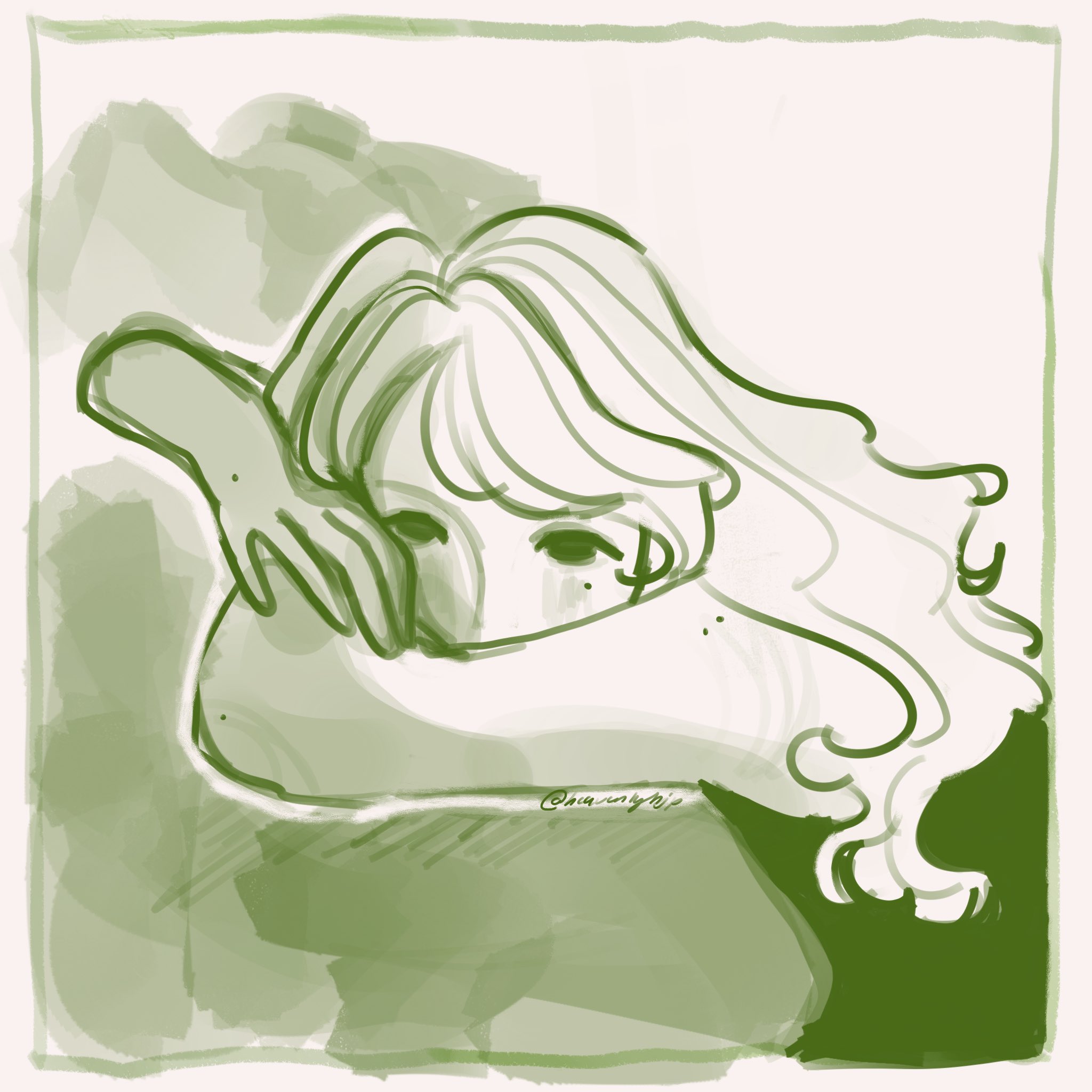 a digital illustration of a woman with long hair, her face partially obscured by her hand. she is drawn in a simple, minimalist style with soft green and white hues. the background is abstract and watercolorlike, adding to the ethereal and delicate feel of the piece. the overall impression is one of calmness and serenity.