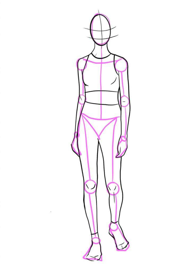 this is a line drawing of a female body with highlighted joints and muscle structure. the figure is standing, with the left leg forward, and the arms hanging at their sides. the outline is black and the joint highlights are pink. the figure is drawn simply, without any details like facial features or clothing, making it a good starting point for a fashion design.