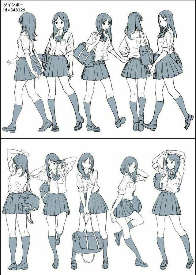 this image shows a series of sketches of a young anime school girl in various poses.