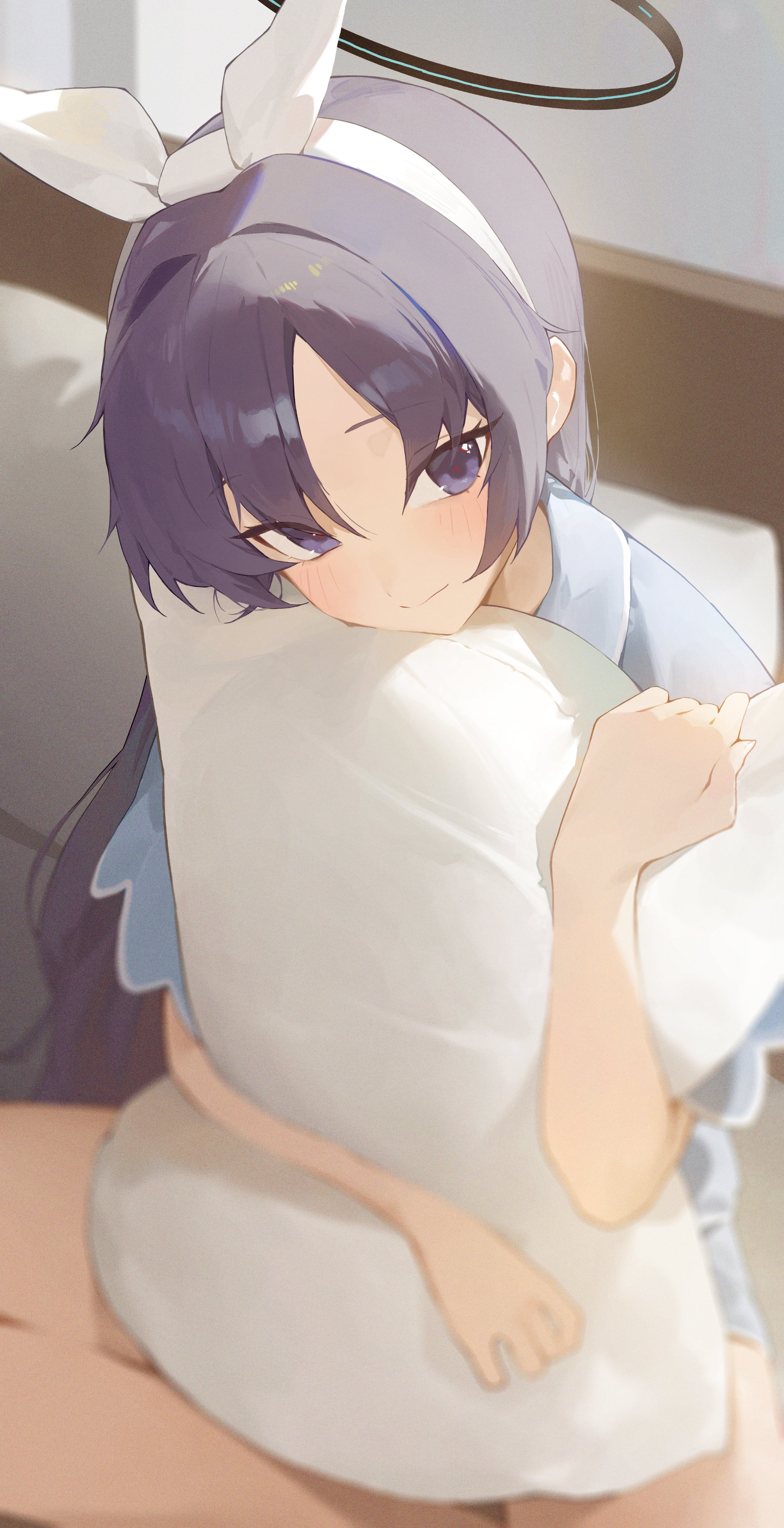 a drawing of a cute anime girl with purple hair, wearing blue sleepwear, hugging a white pillow. she has a white halo above her head and is blushing. the lighting is soft and natural, giving the image a warm and cozy feel.