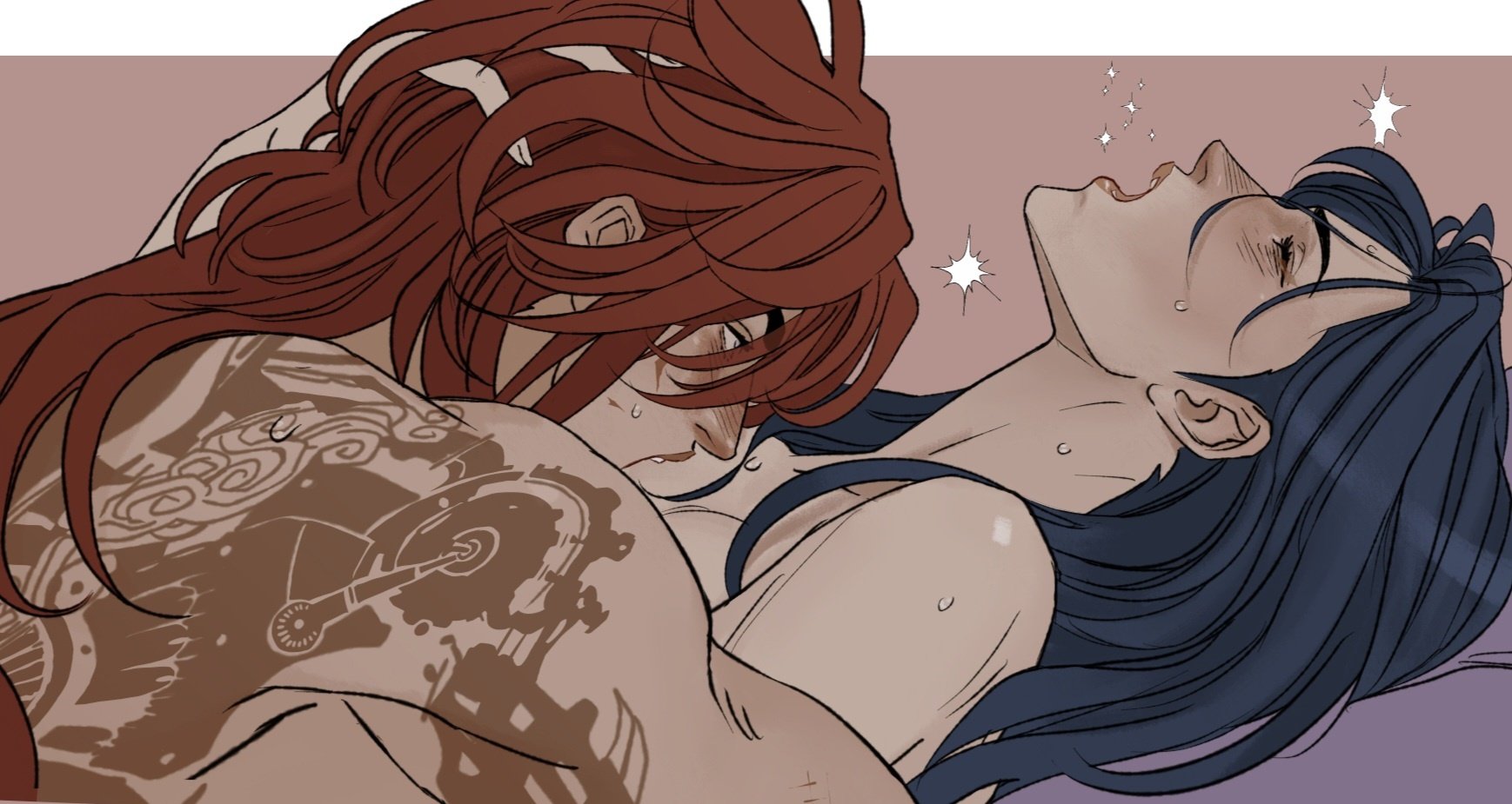 the image depicts a fan art drawing of two male characters from the video game genshin impact, diluc and kaeya, in a romantic and intimate embrace. diluc, with red hair and a tattoo on his shoulder, is positioned closer to the viewer, while kaeya, with dark blue hair, lies beneath him, appearing to be crying or expressing intense emotion. the image suggests a yaoi (malemale) relationship. both are shirtless.