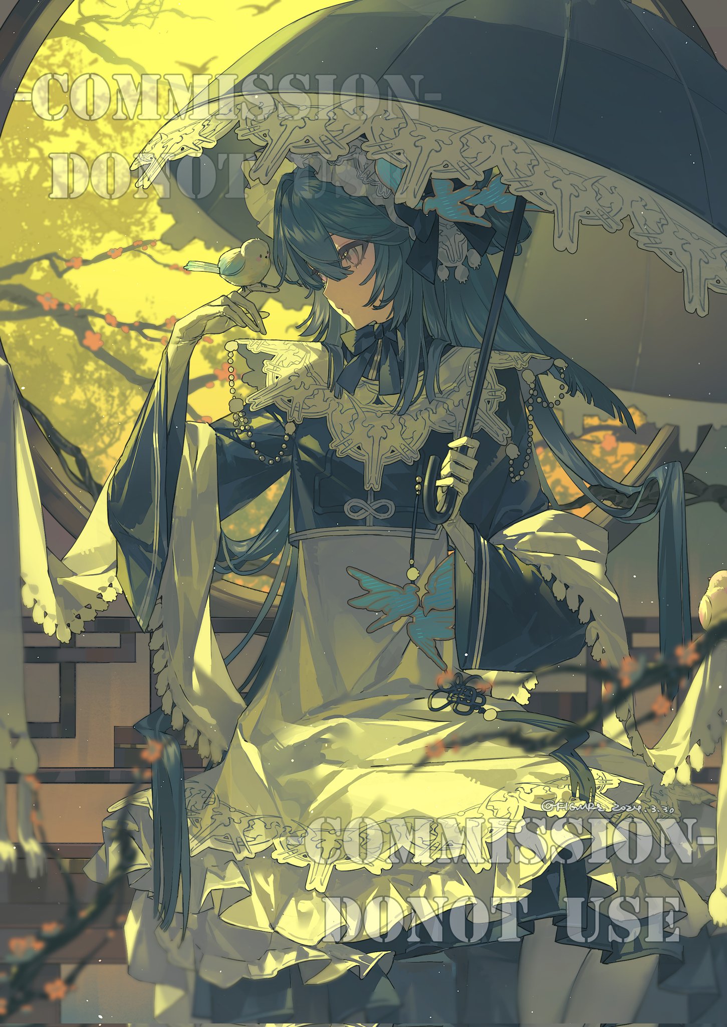 an animestyle illustration depicts a girl with long, dark hair sitting on stairs and holding a closed umbrella. she's dressed in a victorianstyle dress with ornate details and lace, complete with a hat. a small bird perches on her finger. the background is a soft yellow, suggestive of a sunny outdoor scene with trees. the overall style is detailed and somewhat whimsical.