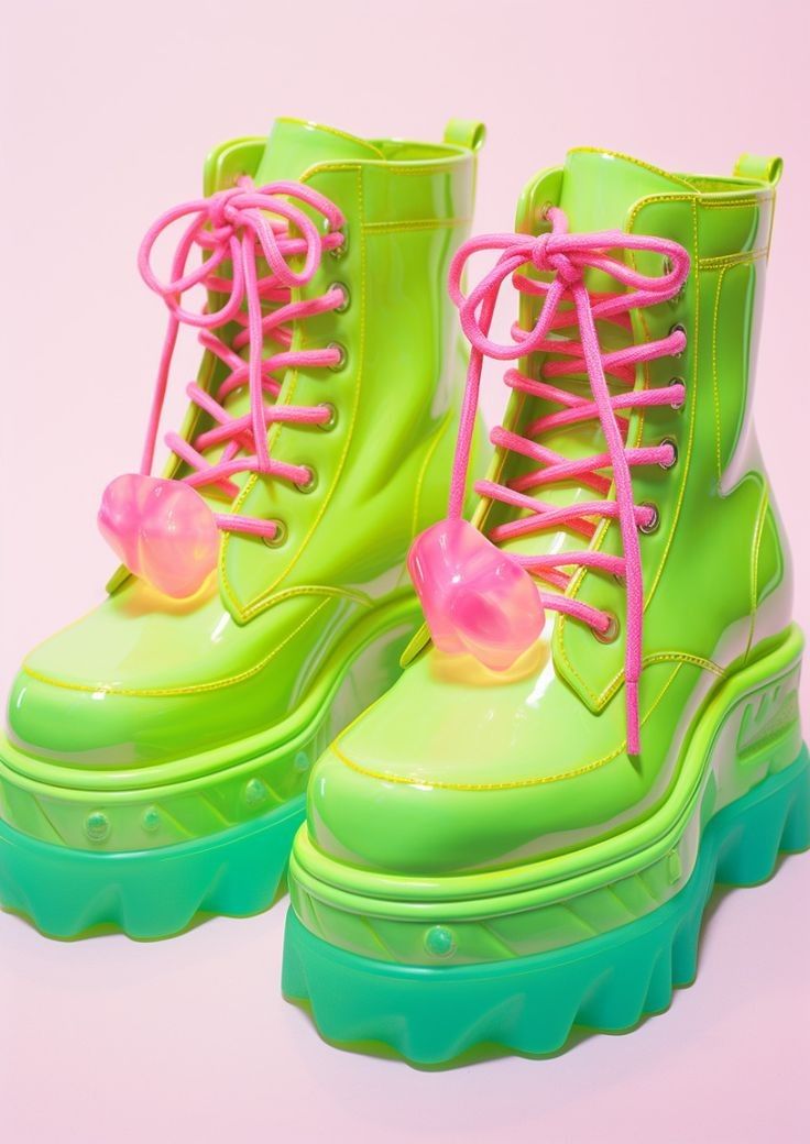 two neon green platform boots with pink laces are arranged on a soft pink background. the boots are shiny and have a chunky sole with a lighter green hue. they feature unique heartshaped embellishments near the front laces. the lacing is visible and the boots have eyelets along the sides.