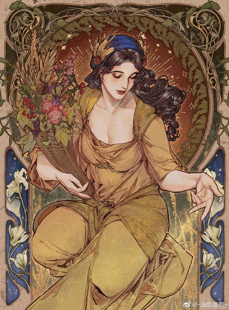 the image is a digital painting or illustration in the style of art nouveau and art deco.  it depicts a beautiful, serene woman with long dark hair, wearing a goldenochre robe and a blue headband adorned with wheat stalks, reminiscent of a harvest crown. she is holding a large cornucopia overflowing with autumnal flowers and fruits. the background is an ornate art nouveau frame with gold accents, stars, lilies, and wheat stalks, creating a celestial and harvestthemed atmosphere. the woman's pose and expression are graceful and peaceful, evoking a sense of autumnal abundance and prosperity. the overall style is highly detailed and intricate, with rich textures and colors.