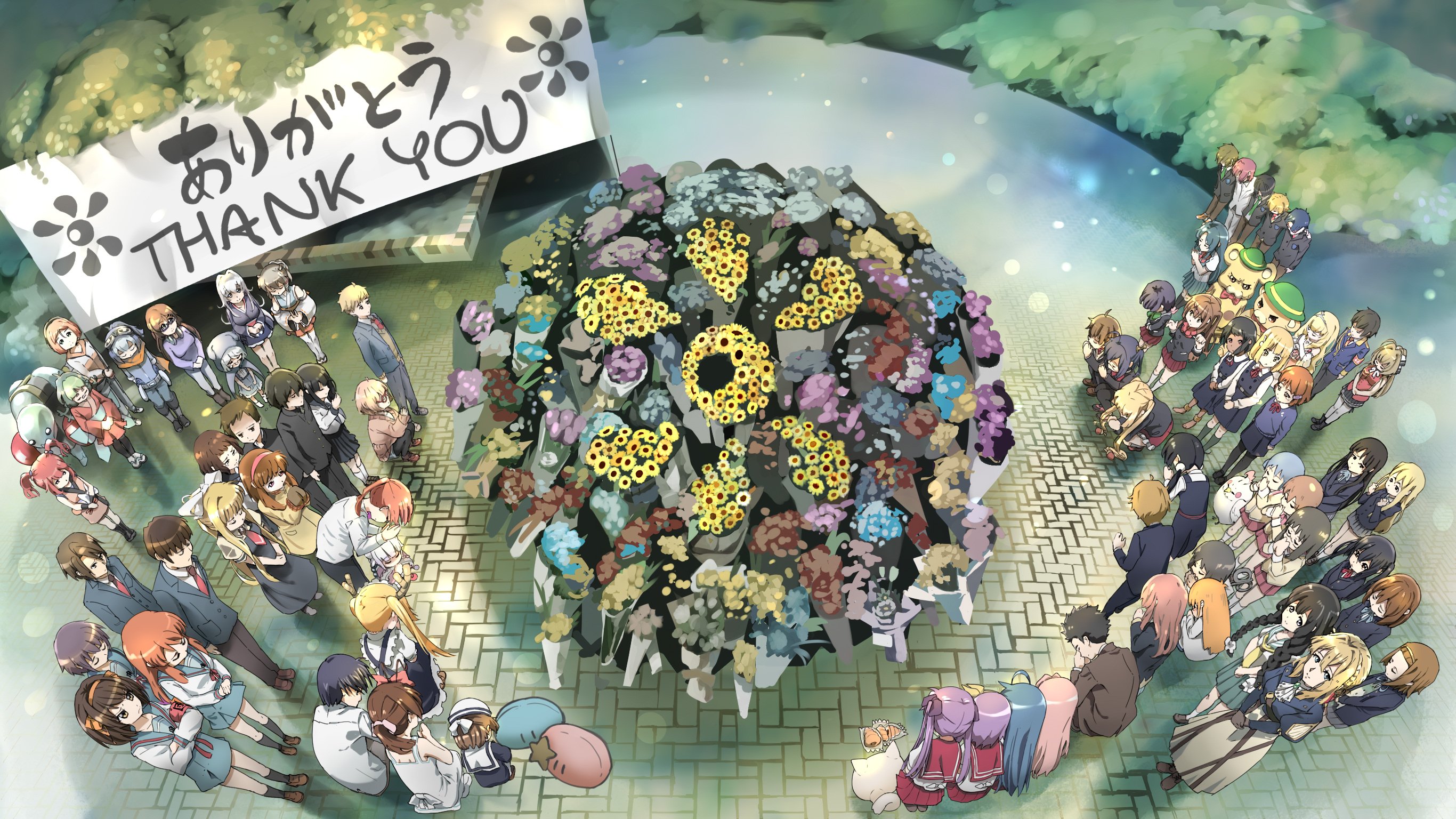 the image is a vibrant and detailed piece of anime artwork, possibly fanart or promotional art for a series like angel beats!.  it depicts a large group of animestyle characters, mostly girls in school uniforms, gathered around a massive arrangement of flowers. a large banner prominently displays "thank you" in both japanese and english. the scene suggests a farewell or commemorative event, with the characters expressing gratitude.  the art style is soft and slightly dreamy, with a focus on a pastel color palette and atmospheric lighting. the overall mood is bittersweet and heartfelt.