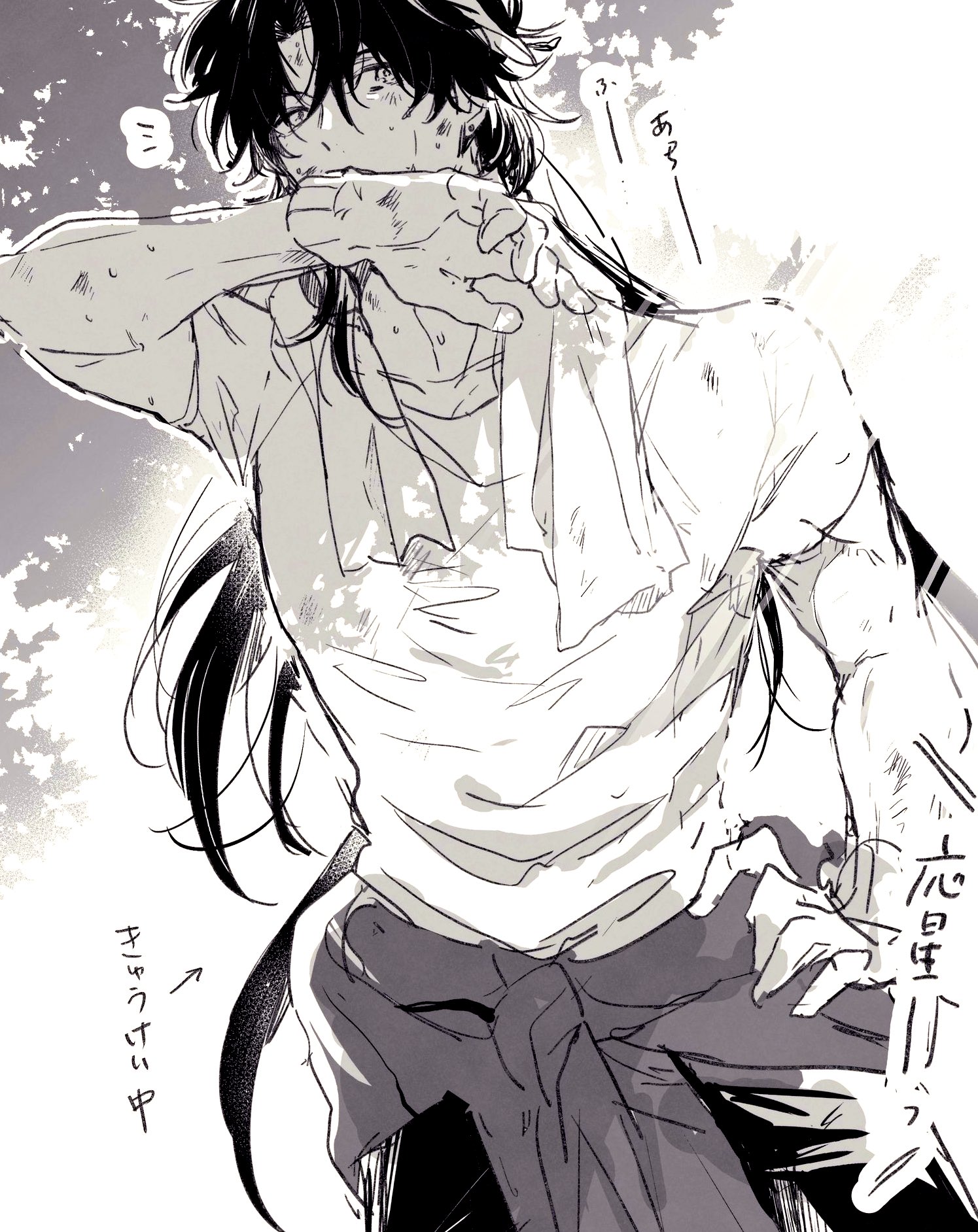 the image is a digital illustration of an anime boy in a casual outfit. he has long black hair, and is wearing a white shirt with a black sash or belt around his waist. he is holding his arm up to his face, as if he is in pain or hurt, and he is bleeding from a wound on his hand. he is looking down at his injury with a sorrowful expression. the background is a blur of gray and white lines, which suggests he is in a state of distress or shock. the text in the image appears to be japanese and is likely a part of a dialogue or narration. overall, the image conveys a sense of sadness and pain.