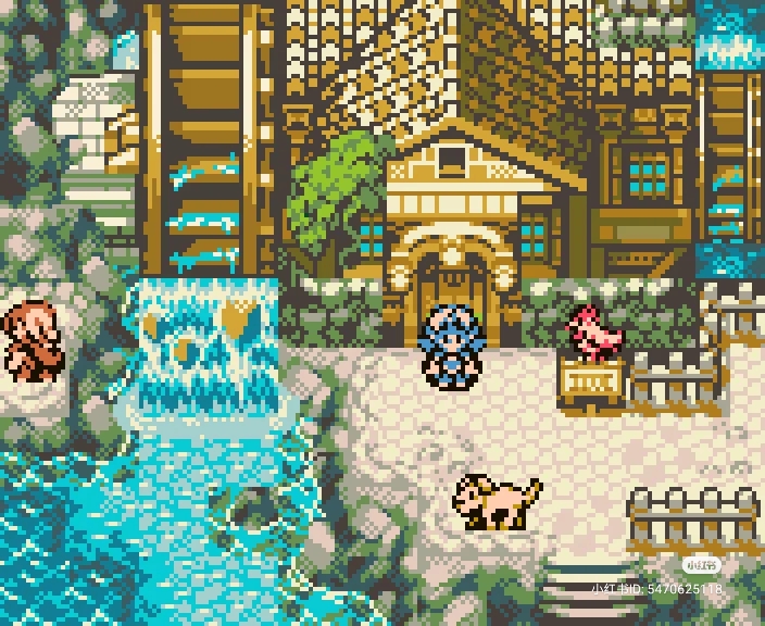 a pixel art depiction of a village scene.  there are three characters present; two humanoids and a pink bird. there's a water mill with flowing water and a bridge, surrounded by buildings, trees, and fences. the art style suggests a scene from a classic rpg video game.