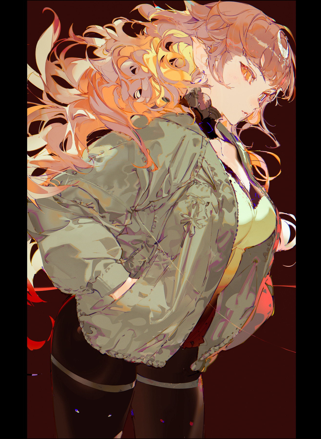 the image is a digital painting of an animestyle girl with long, curly hair that is a blend of orange, pink, and blonde. she is wearing a light olive green jacket over a yellow top and dark tights. her pose is dynamic, and she is looking away from the viewer. the background is a dark, almost maroon red. the overall style is vibrant and colorful, with a focus on detail and texture.