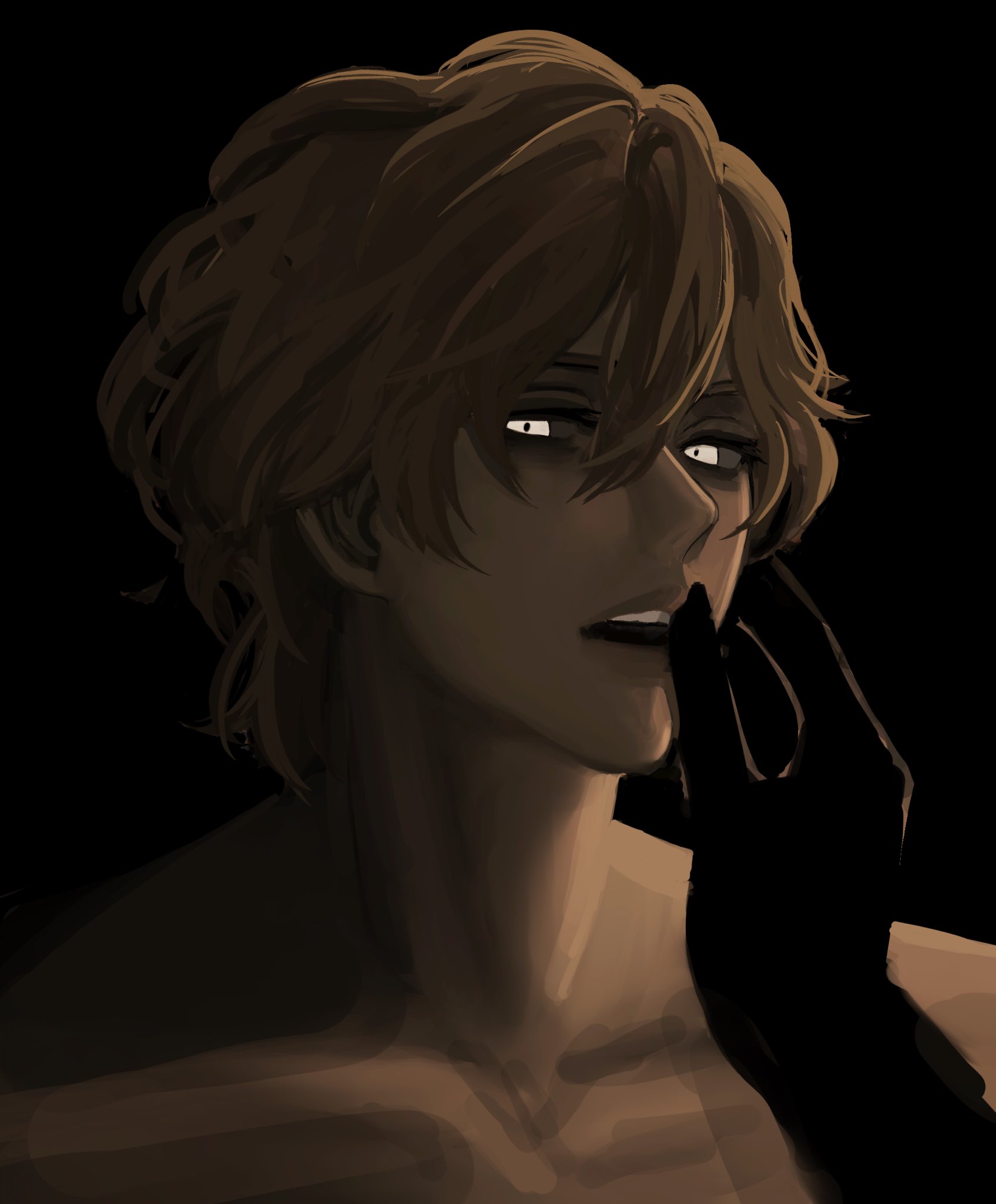 this digital illustration depicts a handsome anime male character with brown hair and white eyes. he has a mysterious expression on his face, with his lips slightly parted and a