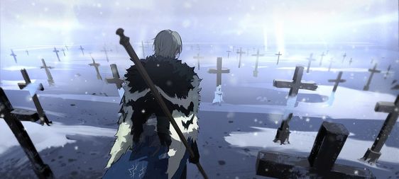 a lone figure with short white hair and a furtrimmed cloak walks through a snowy graveyard towards a hazy horizon. he carries a sword strapped to his back and his head is bowed slightly. countless dark crosses stand starkly against the snow, suggesting a vast number of deceased. the overall atmosphere is somber and melancholic. the color palette emphasizes cool tones, further reinforcing the feeling of cold and sorrow. the diffused lighting and blurred background hint at the figure's potential emotional state and the weight of their loss.