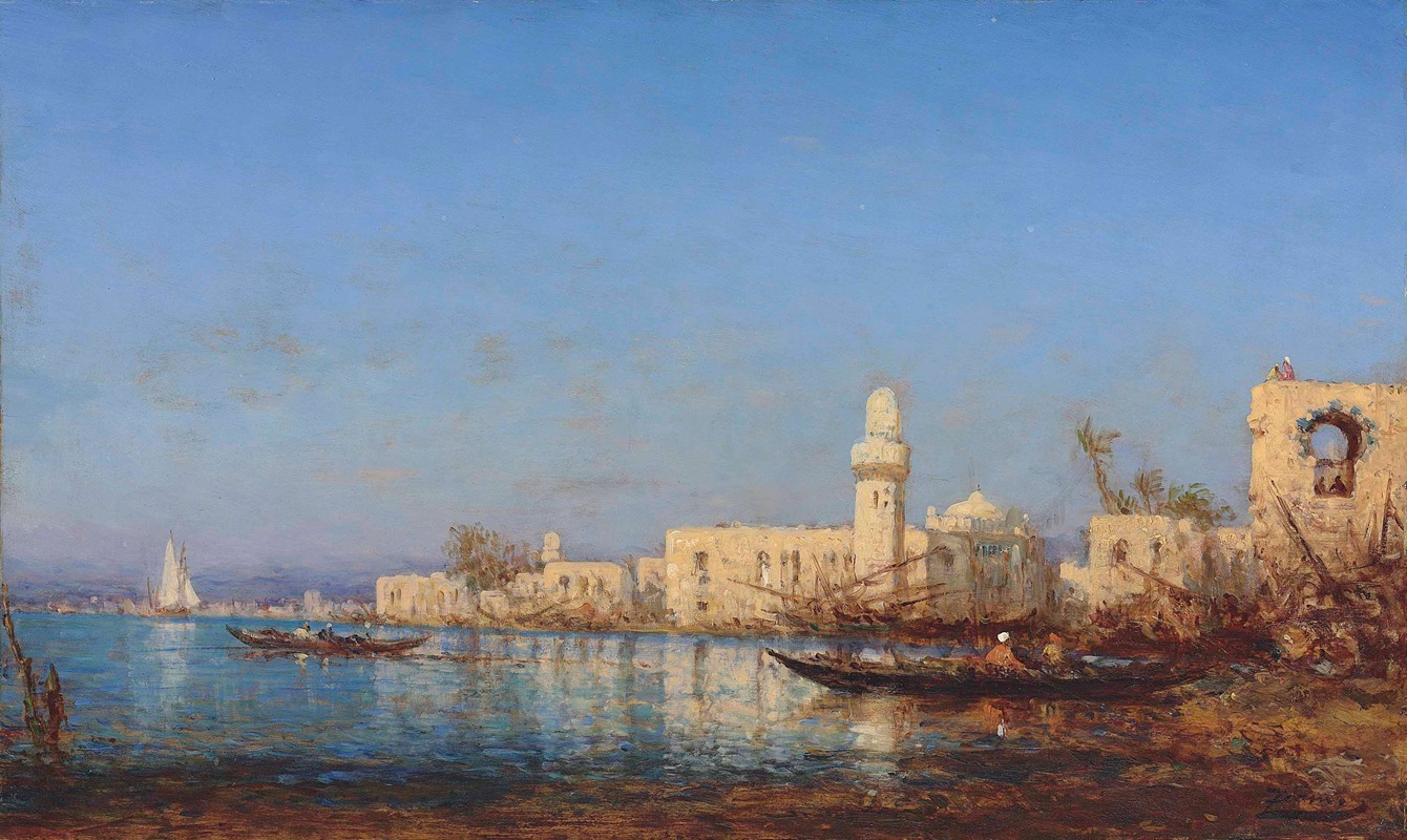 this is a 19thcentury orientalist painting of a middle eastern cityscape. the scene is dominated by lightcolored buildings along a waterfront, including a mosque with a prominent minaret. several boats are on the water, reflecting the buildings. a sailboat is visible in the distance. palm trees add to the exotic atmosphere. the sky is clear and blue. people are depicted in and around the buildings and boats.
