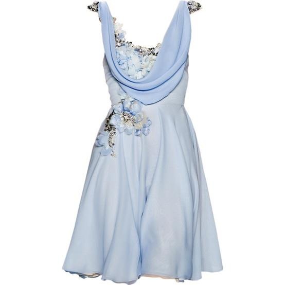 a light blue, sleeveless dress is displayed against a white background. the dress has a short length and features a draped neckline. it's adorned with floral embellishments around the neckline and on the left side of the bodice.