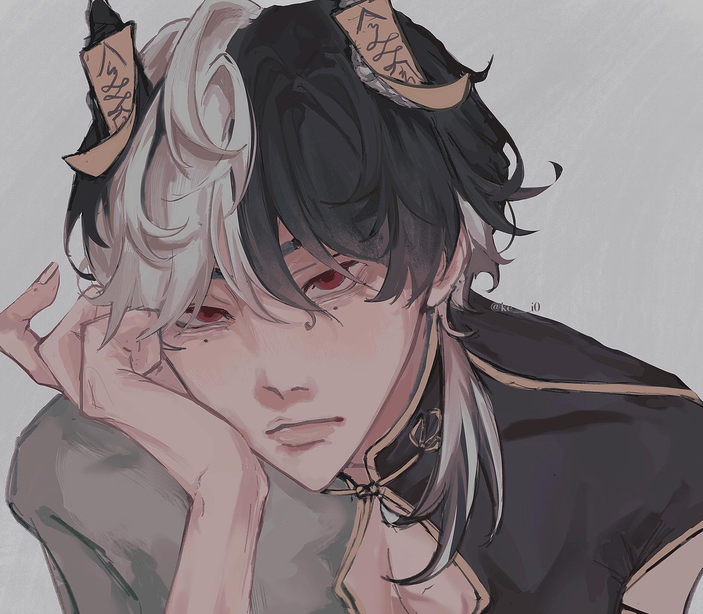 this is an animestyle portrait of a young man with horns, red eyes, white hair, and black hair. the young man is looking at the viewer with a sad expression on his face. he has a hand on his chin and his hair is partly covering his face. the background is gray.