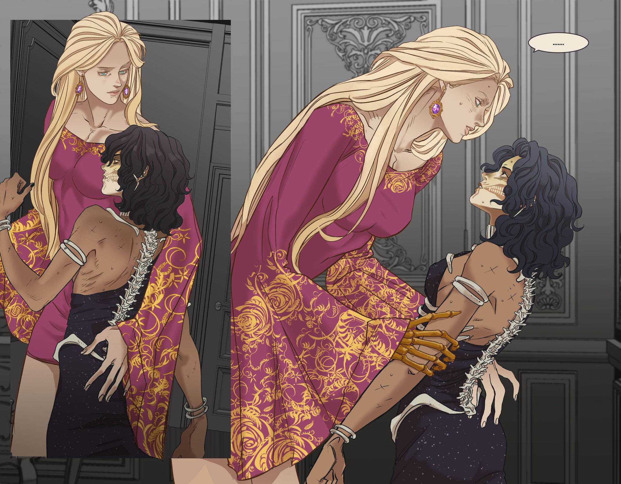 an illustration depicting a tall woman with long blonde hair in a magenta dress embracing a shorter woman with curly black hair and skeletal features. the tall woman looks down at the shorter woman with a serious expression. the shorter woman, with her exposed skull and skeletal spine, looks up at the taller woman. they are standing close together, with the tall woman's hands on the shorter woman's waist. a speech bubble is above the tall woman, with an ellipsis inside. the background is a stylized interior with muted colors.