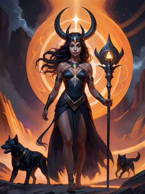 the image shows a powerfullooking woman in fantasy attire with two black dogs. she stands tall in the foreground with a staff in one hand. she has on a black and gold headdress that resembles horns. the setting appears to be a desert with mountains in the background. the lighting indicates sunset with warm orange and yellow tones and gives the image a backlit effect.