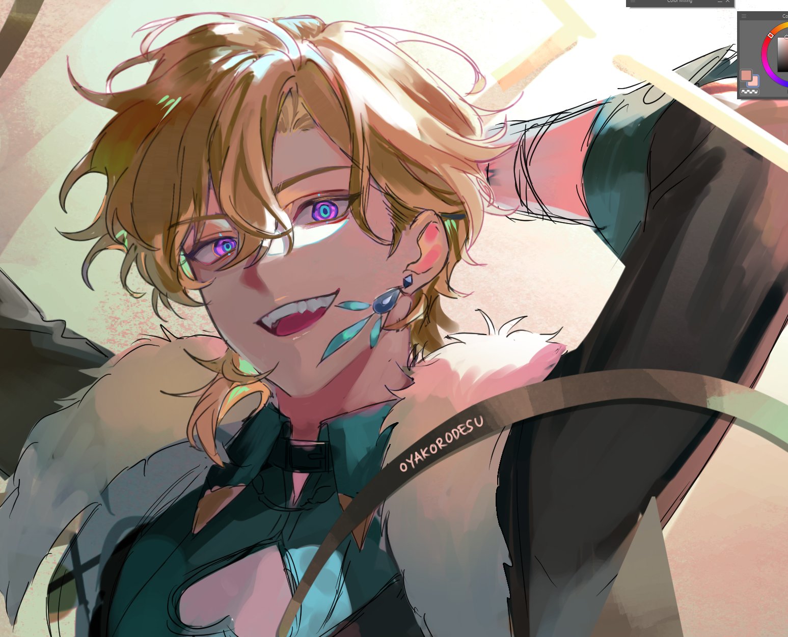 a close up of an anime male character. he has blonde hair, blue and purple eyes, and a small blue earring. he is wearing a green jacket with white fur collar and is smiling.
