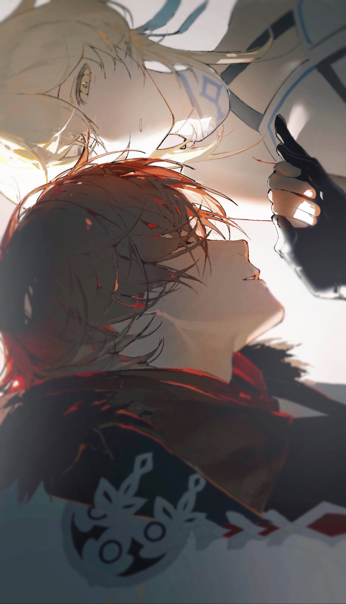 the image shows a fanart of tartaglia and lumine from genshin impact with a red string of fate connecting them. lumine is looking down at tartaglia, who is looking up at her. a hand with a black glove is holding the red string.