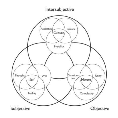 the image is a venn diagram showing the relationship between subjective, objective, and intersubjective perspectives. the "subjective" sphere includes concepts like thought, feeling, will, and self. the "objective" sphere includes concepts like consciousness, nature, unity, and complexity. the "intersubjective" sphere includes concepts like aesthetics, science, culture, and morality. the diagram illustrates how these domains overlap and interact with each other.