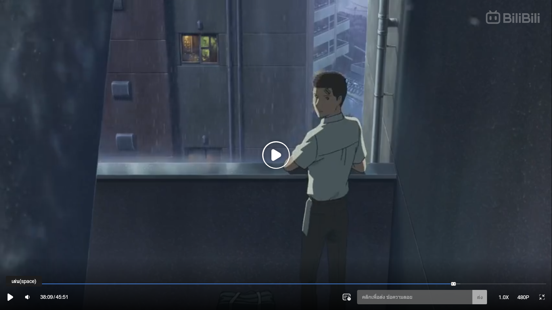 the image is a screenshot from an anime, depicting a man standing on a balcony overlooking a rainsoaked city at night. the man is seen from behind, his back to the viewer, as he looks out into the urban landscape. the lighting is dim, illuminated by the artificial lights of the city, creating a melancholic and contemplative atmosphere. the color palette is predominantly dark and muted, reflecting the nighttime setting and the overall mood.