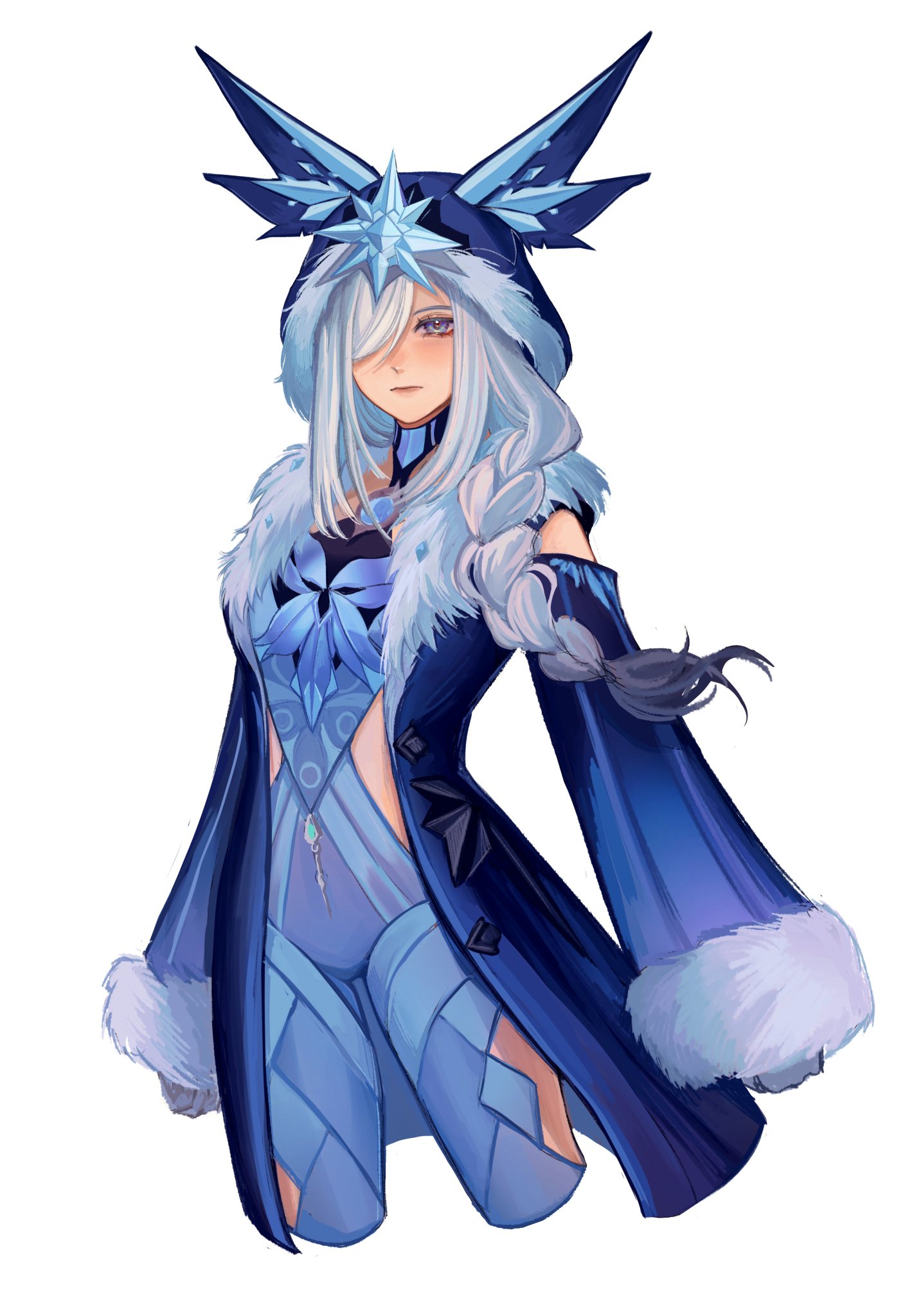 this is a digital illustration of an anime woman with long white hair wearing a dark blue and white fur coat with a hood, white fur cuffs, and a star on her hood. she has a light blue bodysuit with an ice motif. her expression is a mix of determination and focus.