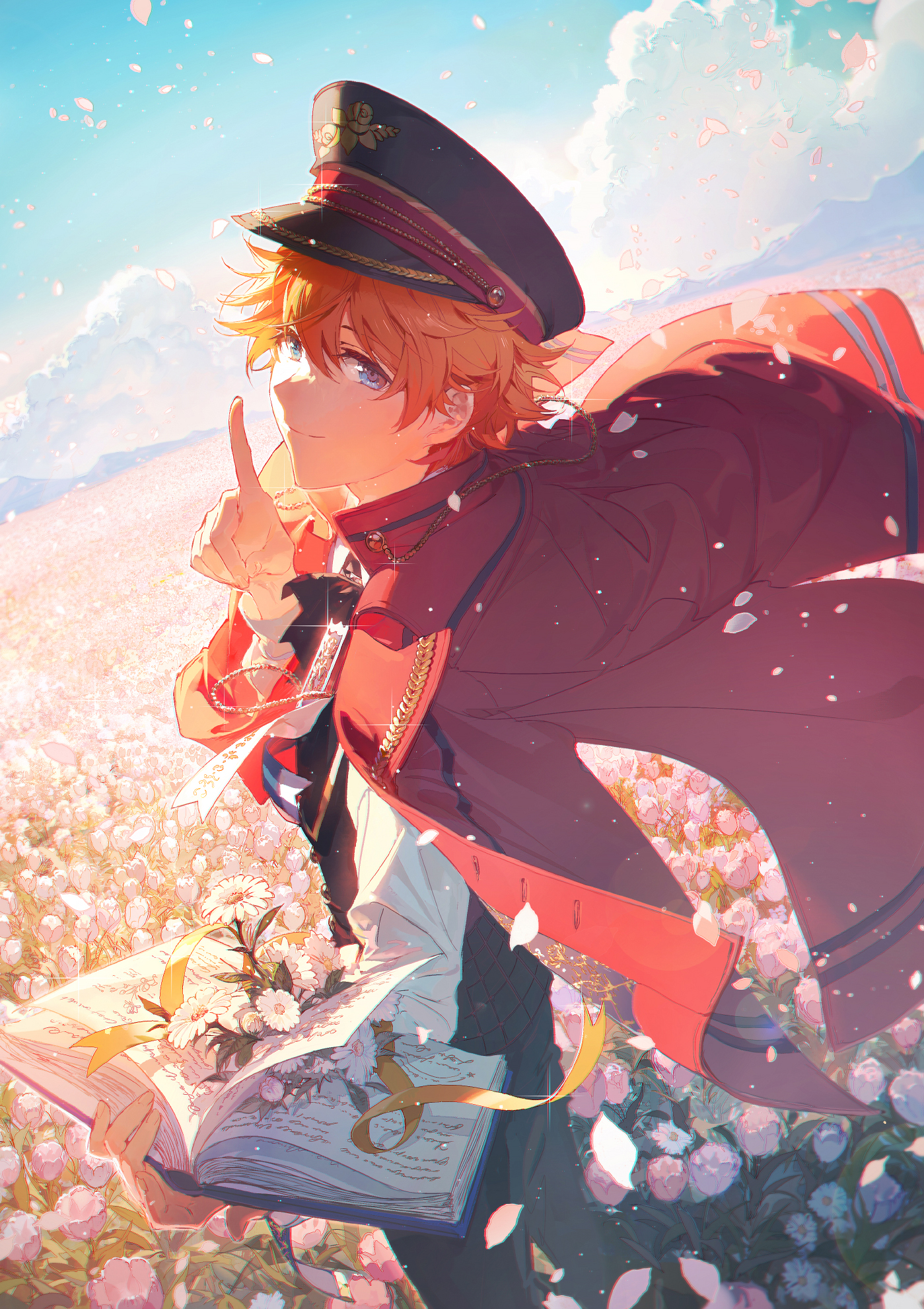 an animestyle illustration of a male character with orange hair and blue eyes, dressed in a uniform with a hat and red cape. he is standing in a field of white and pink flowers, holding an open book adorned with a ribbon and a small bouquet of flowers. he is gesturing with his index finger to his lips in a "shushing" pose, suggesting silence. the background features a blue sky with white clouds, creating a serene and whimsical atmosphere.