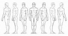 this is a sketch of eight male figures drawn in profile, front, and back views. each figure is standing with their legs together, showing a clear outline of their anatomy.