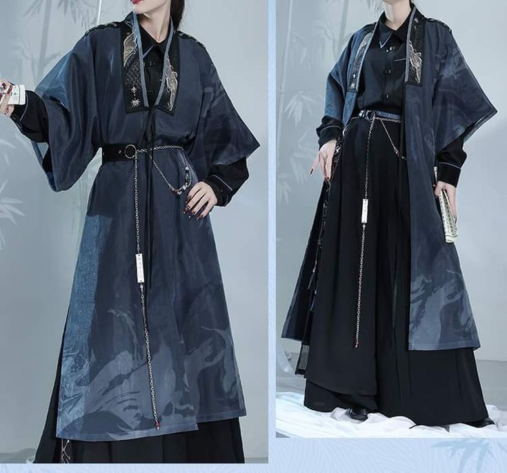 the image shows two women wearing traditional asian fashion. they are both wearing long, blue robes with black collars and belts, and their robes have a black print design. the woman on the left is wearing black pants and a white shirt underneath her robe, while the woman on the right is wearing a long, flowing black skirt with a white shirt underneath her robe. they both have black accessories. both women are standing and look elegantly dressed in traditional asian style.
