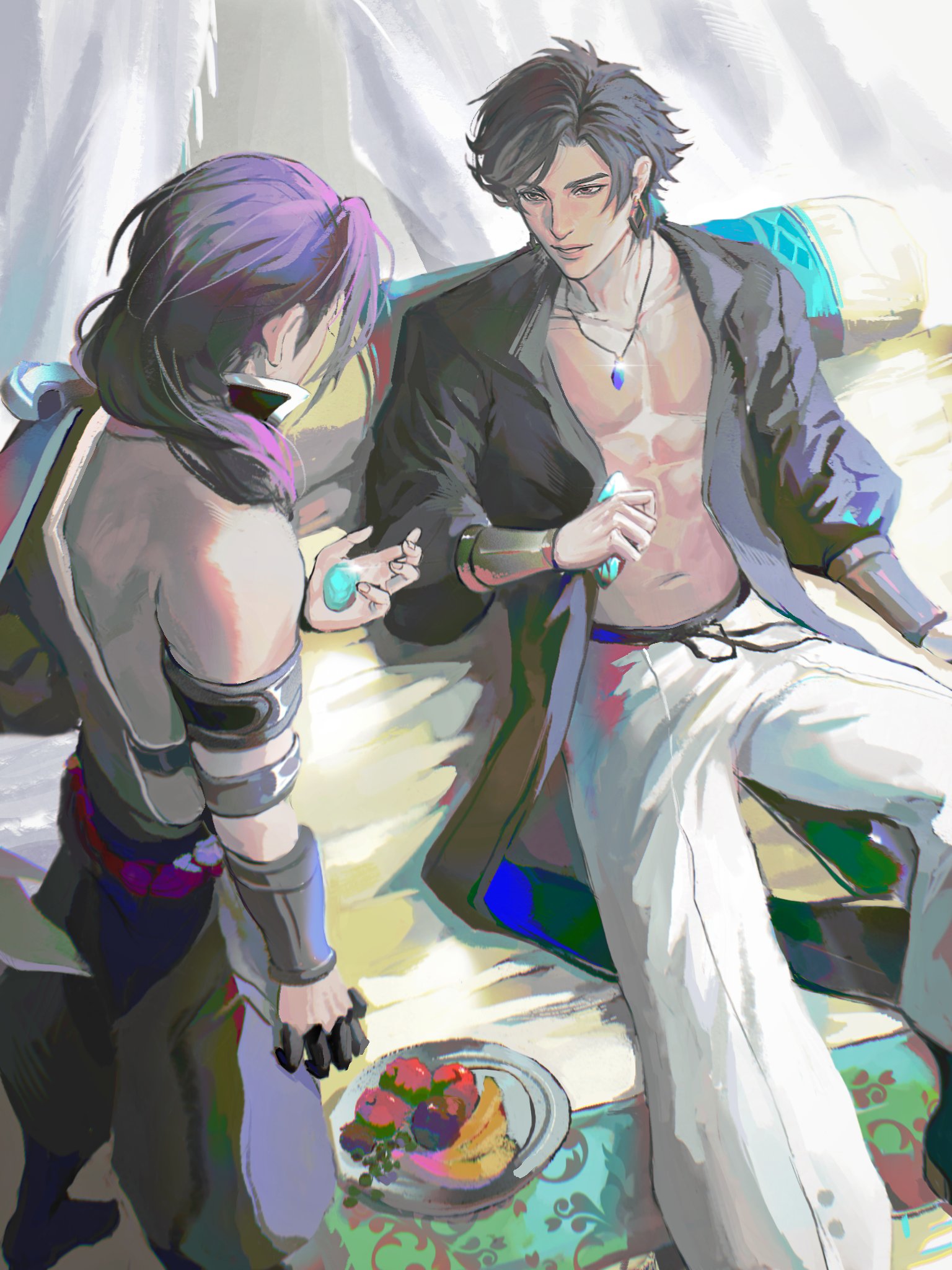 the image is an anime style illustration of two people sitting on a couch. the person on the left is a female with long purple hair, wearing a dark outfit and appears to be in the process of giving something to the person on the right. the person on the right is a male with black hair and is wearing a white outfit, and a dark jacket over it. they are both sitting on a couch, and there is a plate with fruit on the table in front of them. the image suggests a relaxed and intimate setting.