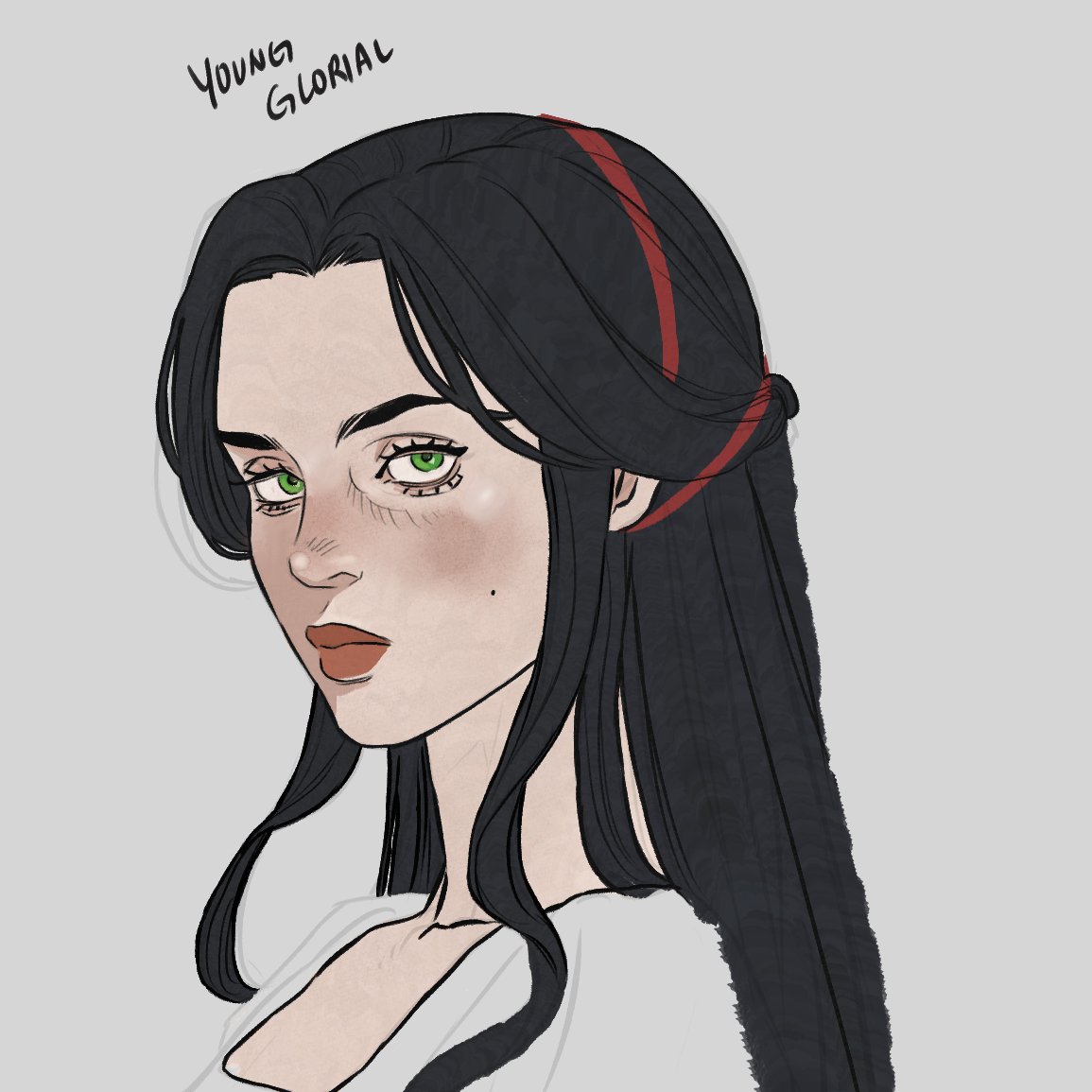 a digital illustration of a young woman labeled "young glorial". she has long, flowing black hair with a red streak. she has green eyes, a mole on her cheek, and a slight blush. she is wearing a white top.