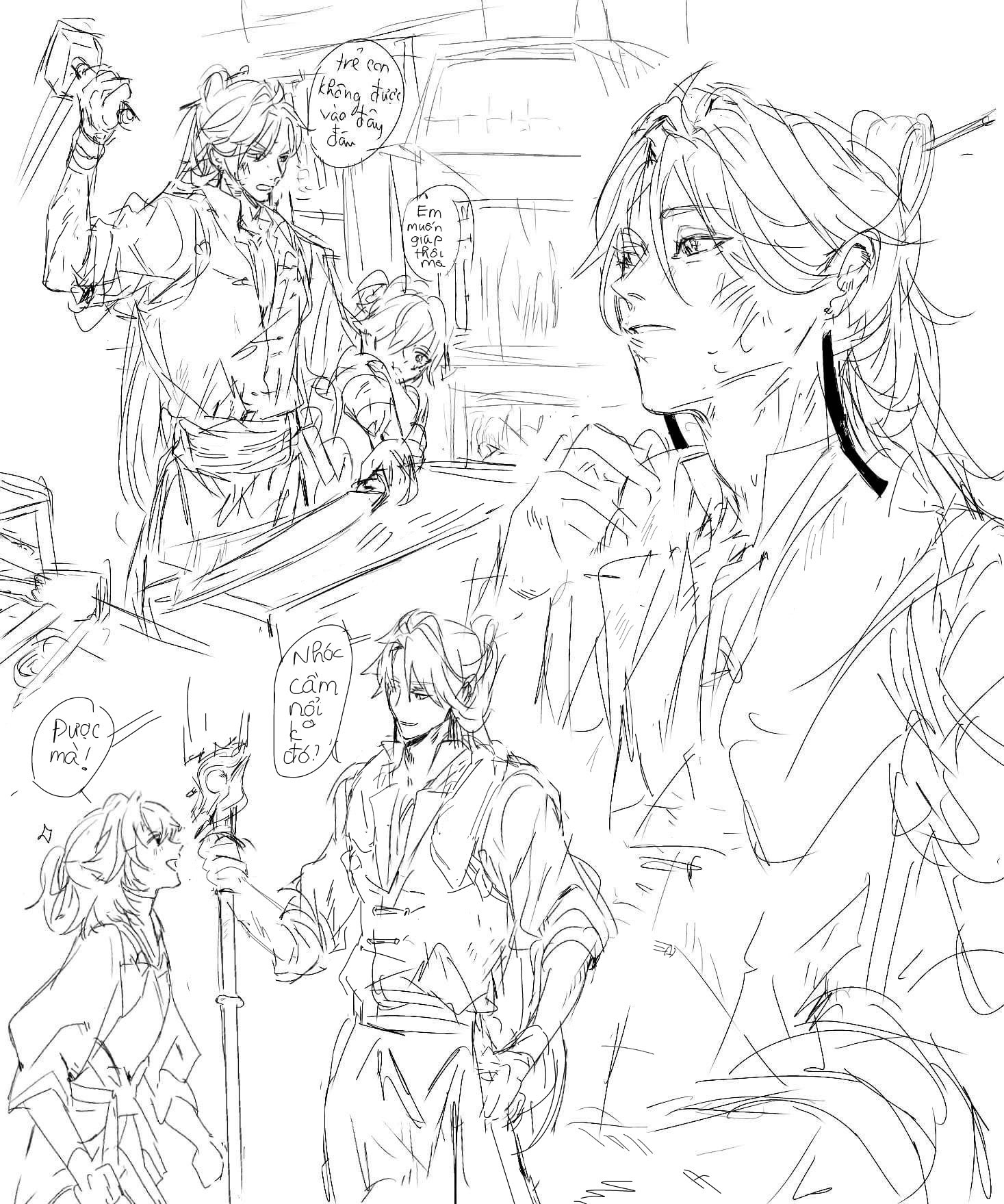 this is a black and white sketch of a group of anime characters. there are four characters, three male and one female. they appear to be in an adventure, maybe in a battle. the characters are drawn in a manga style, and their features are exaggerated. the lines are bold and expressive, and the overall tone of the sketch is playful. the characters are surrounded by a lot of details, including plants, weapons, and other items. the sketch is full of energy and movement, and it tells a story of adventure and excitement.