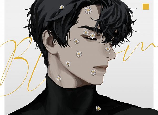 a digital illustration of an anime boy with black hair and black eyes. he is wearing a black turtleneck sweater and has daisies on his face and shoulder. the background is white with yellow text that says "bloom".  the boy has a serious expression and is looking to the right of the viewer.