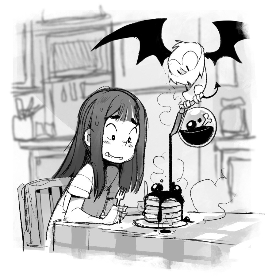 a black and white drawing of a young girl about to enjoy breakfast. she sits at a checkered tablecloth covered table, a plate of pancakes with syrup in front of her.  hovering above the table is a small, cartoonish batlike creature with large eyes.  it's carefully pouring a dark, steaming liquid, perhaps coffee, from a rounded flask with a skull marking into a cup.  the girl watches with an eager, happy expression. the scene is set in a simple kitchen, suggested by cabinets in the background.