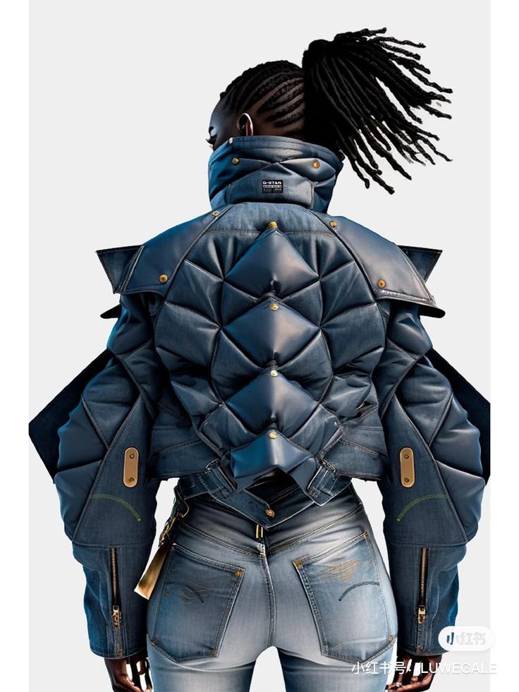 a woman with braided hair and dreadlocks poses in a futuristic denim jacket with a quilted design and matching denim jeans. the jacket is cropped and has a unique, edgy silhouette with exaggerated shoulders. the model's pose and the styling of the outfit create a cool, grunge aesthetic. the image is taken in a studio setting and showcases the details of the clothing.