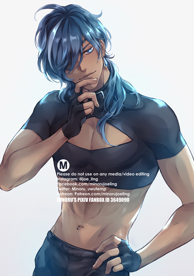 this digital art illustration depicts a handsome anime character with blue hair and blue eyes. he is wearing a black crop top with a cutout neckline, and black gloves. his muscles are clearly defined, showing his toned physique. he is posing with one hand on his chin and the other on his hip, looking confident and seductive. the overall style of the illustration is stylish and modern, with a focus on detail and realism.