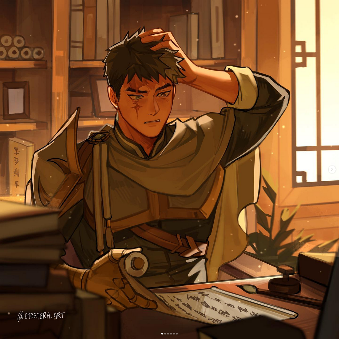 a young man with short dark hair and a scar over his eye sits at a desk with his hand in his hair, looking frustrated. he is dressed in light armor and a dark tunic.  books and scrolls are piled on the desk, along with an inkwell and stamp. the background of the image shows a bookshelf and window, suggesting he is in a library or study. the warm, natural lighting coming from the window adds to the overall atmosphere of the image.