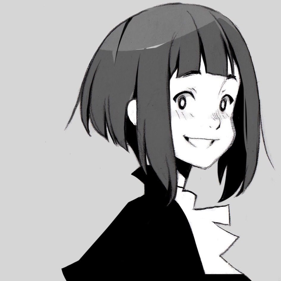 this is a black and white, stylized drawing of a young woman with a bob haircut and a big smile. she appears to be wearing a collared shirt under a cape or jacket. the background is a plain, light gray.